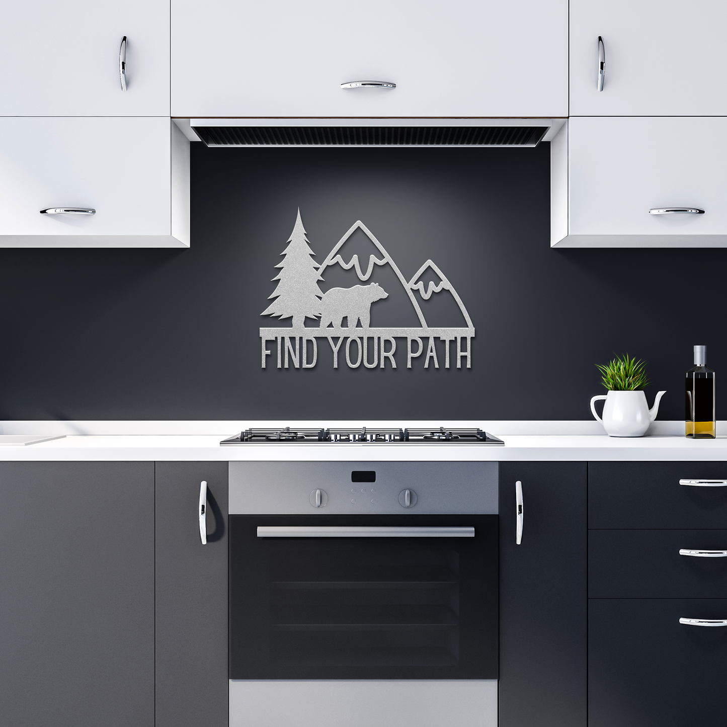 Find_Your_Path_Bear_Mountain_Metal_Sign_Silver_Dark_Kitchen_Mockup.png