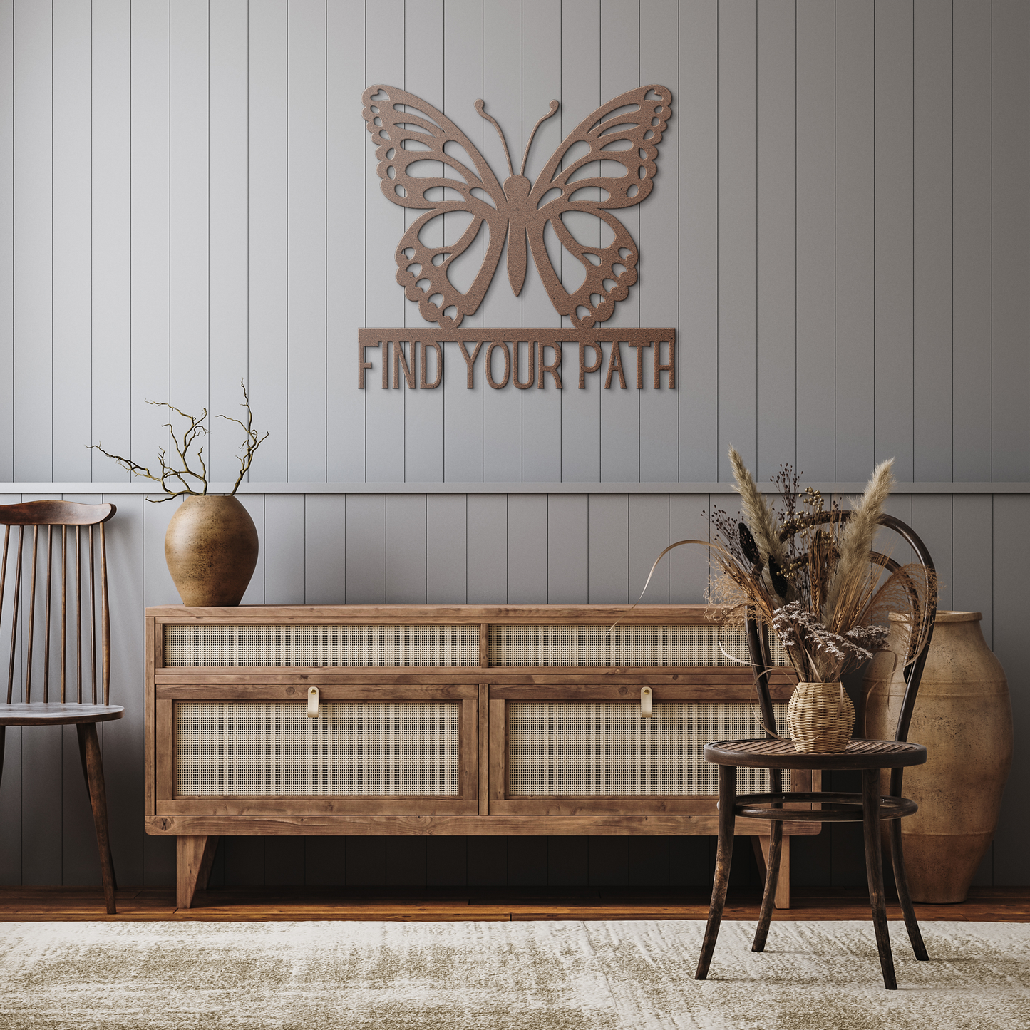 Find_Your_Path_Butterfly_Metal_Sign_Copper_Rustic_Hallway_Mockup.png