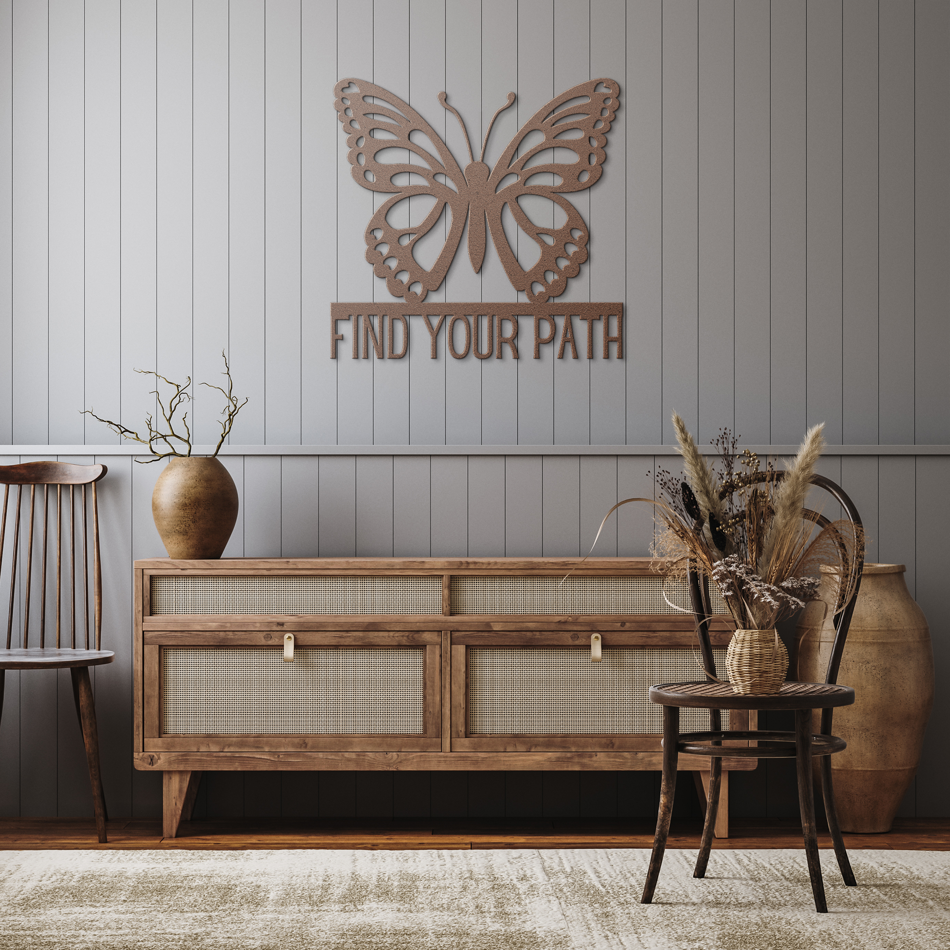 Find_Your_Path_Butterfly_Metal_Sign_Copper_Rustic_Hallway_Mockup.png
