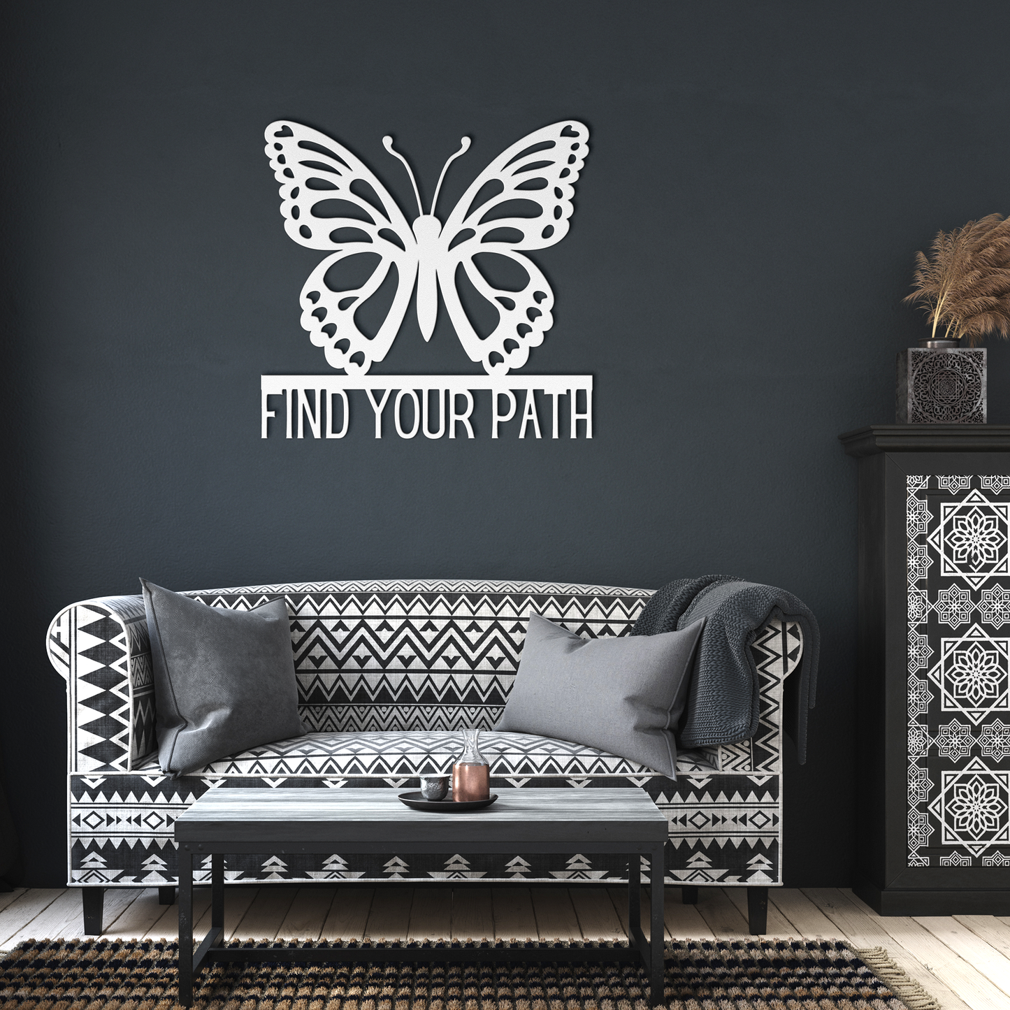 Find_Your_Path_Butterfly_Metal_Sign_White_Dark_Living_Room_Mockup.png