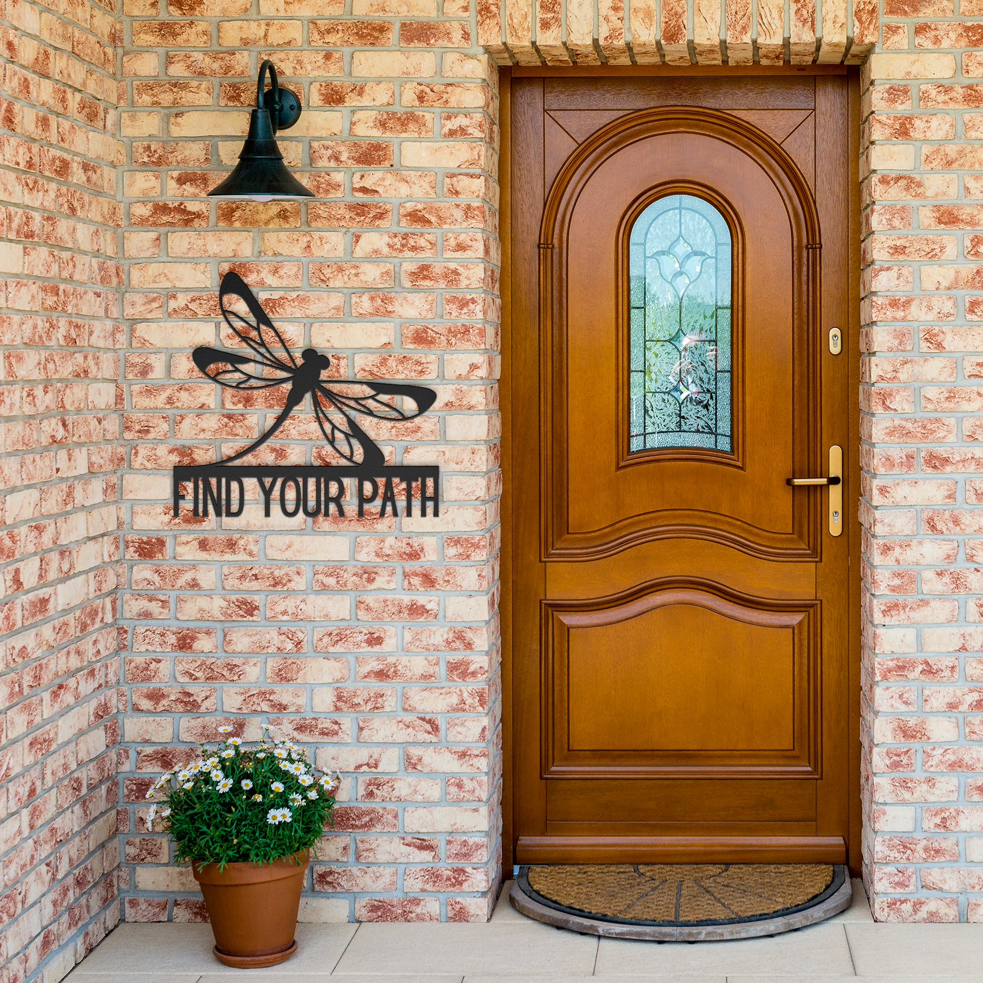 Find_Your_Path_Dragonfly_Metal_Sign_Black_Brick_Entrance_Mockup.png