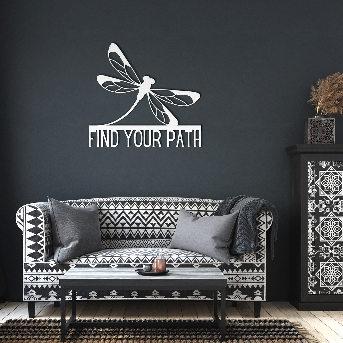 Find_Your_Path_Dragonfly_Metal_Sign_White_Dark_Living_Room_Mockup.png