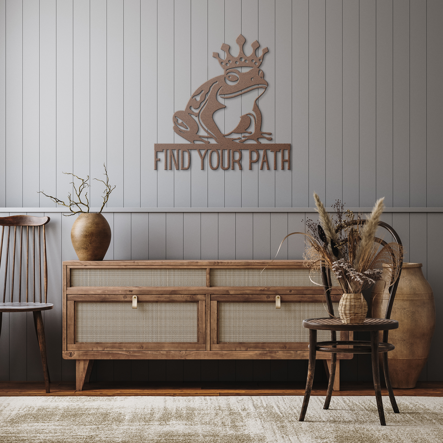 Find_Your_Path_King_Frog_Metal_Sign_Copper_Rustic_Hallway_Mockup.png