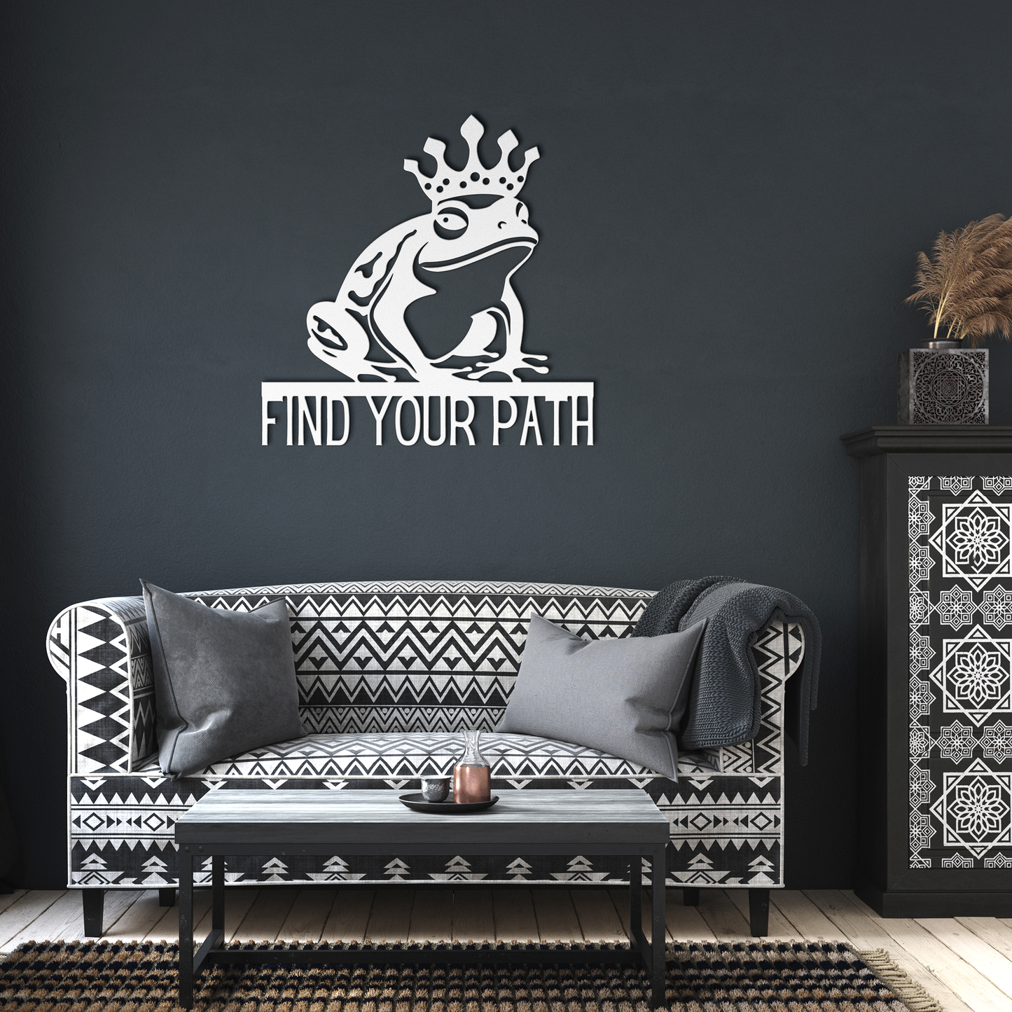 Find_Your_Path_King_Frog_Metal_Sign_White_Dark_Living_Room_Mockup.png