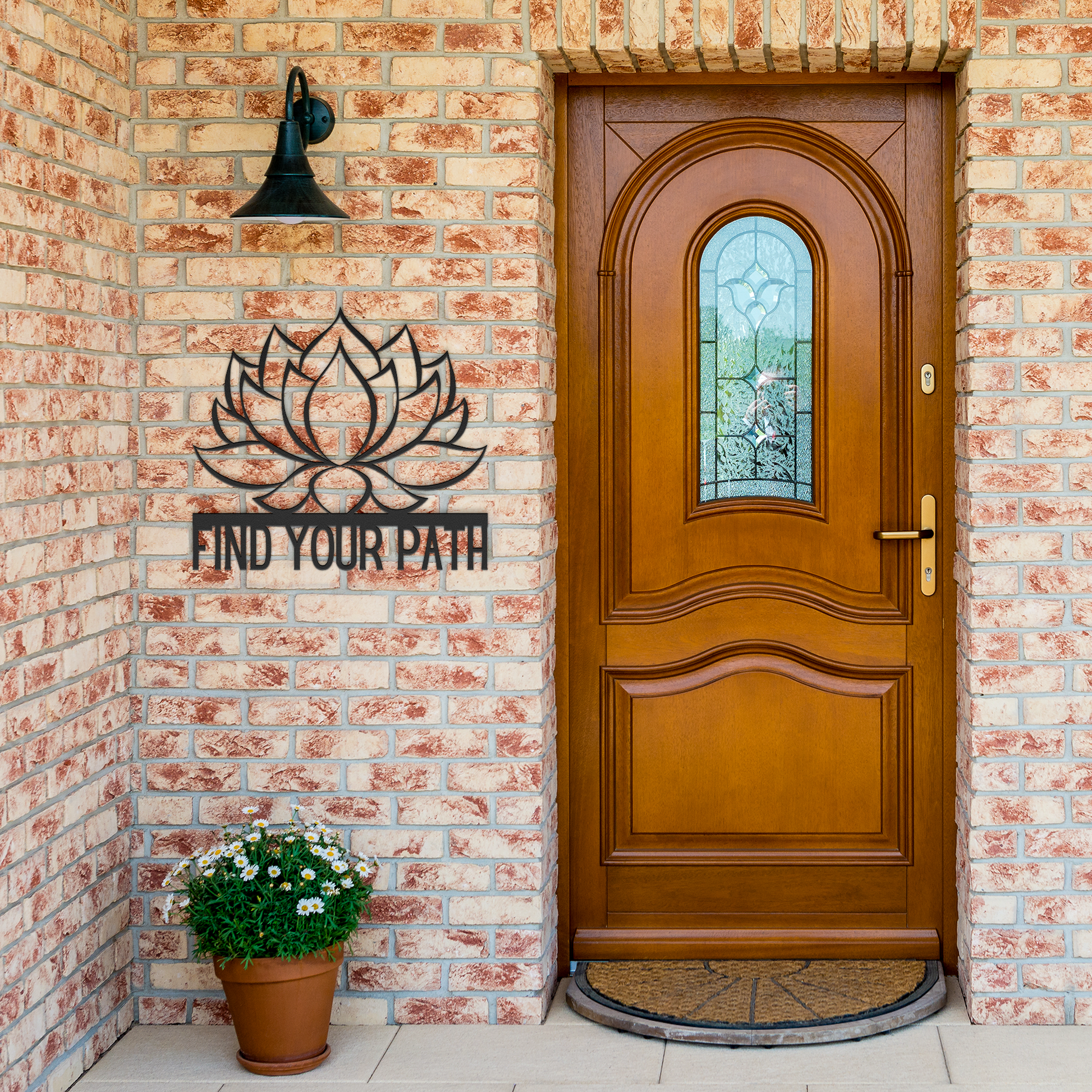 Find_Your_Path_Lotus_Flower_Metal_Sign_Black_Brick_Entrance_Mockup.png