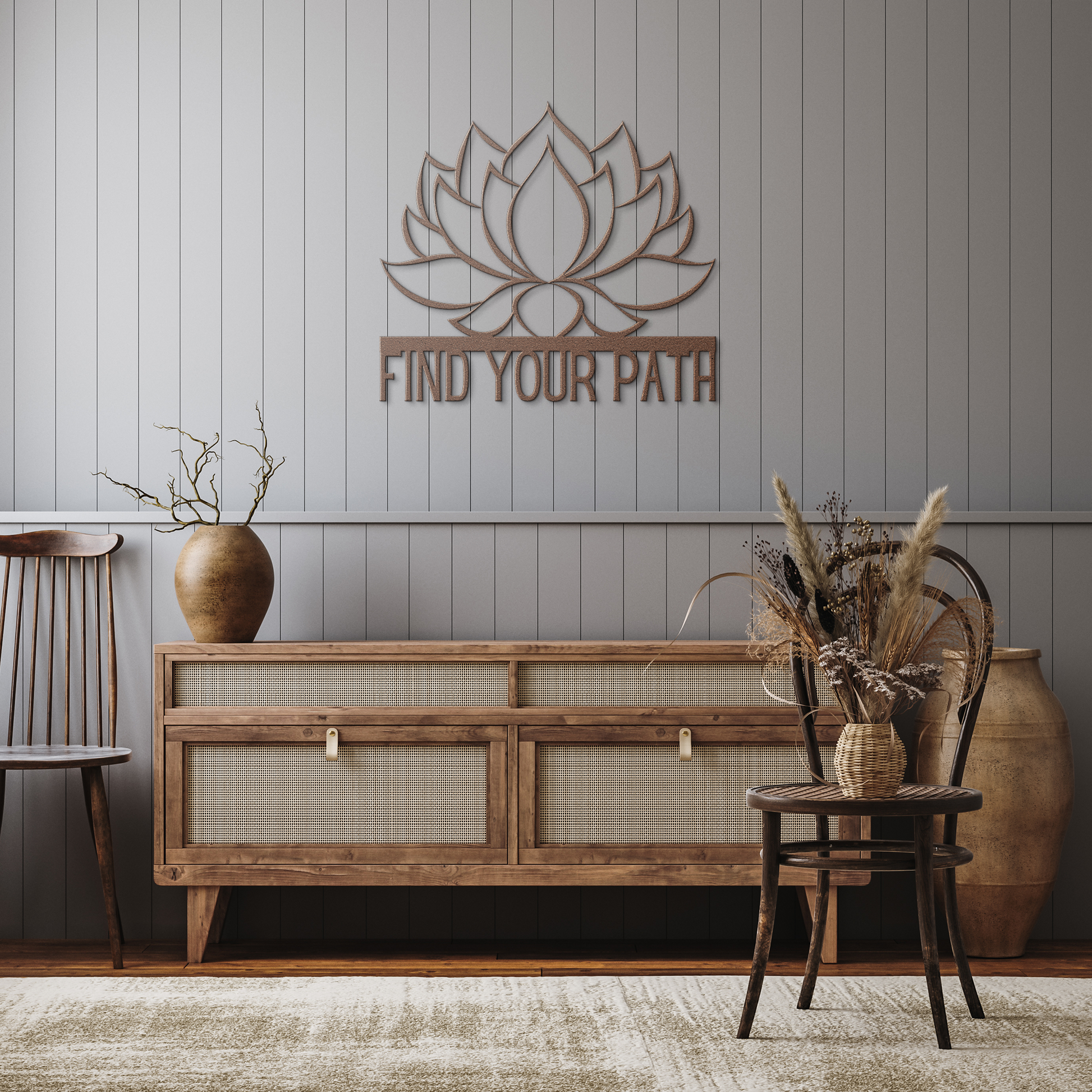 Find_Your_Path_Lotus_Flower_Metal_Sign_Copper_Rustic_Hallway_Mockup.png