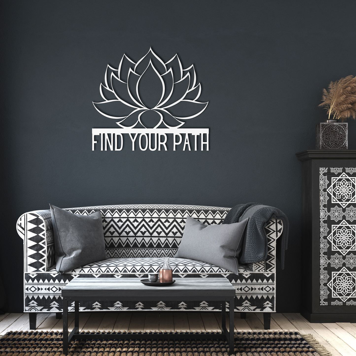 Find_Your_Path_Lotus_Flower_Metal_Sign_White_Dark_Living_Room_Mockup.png