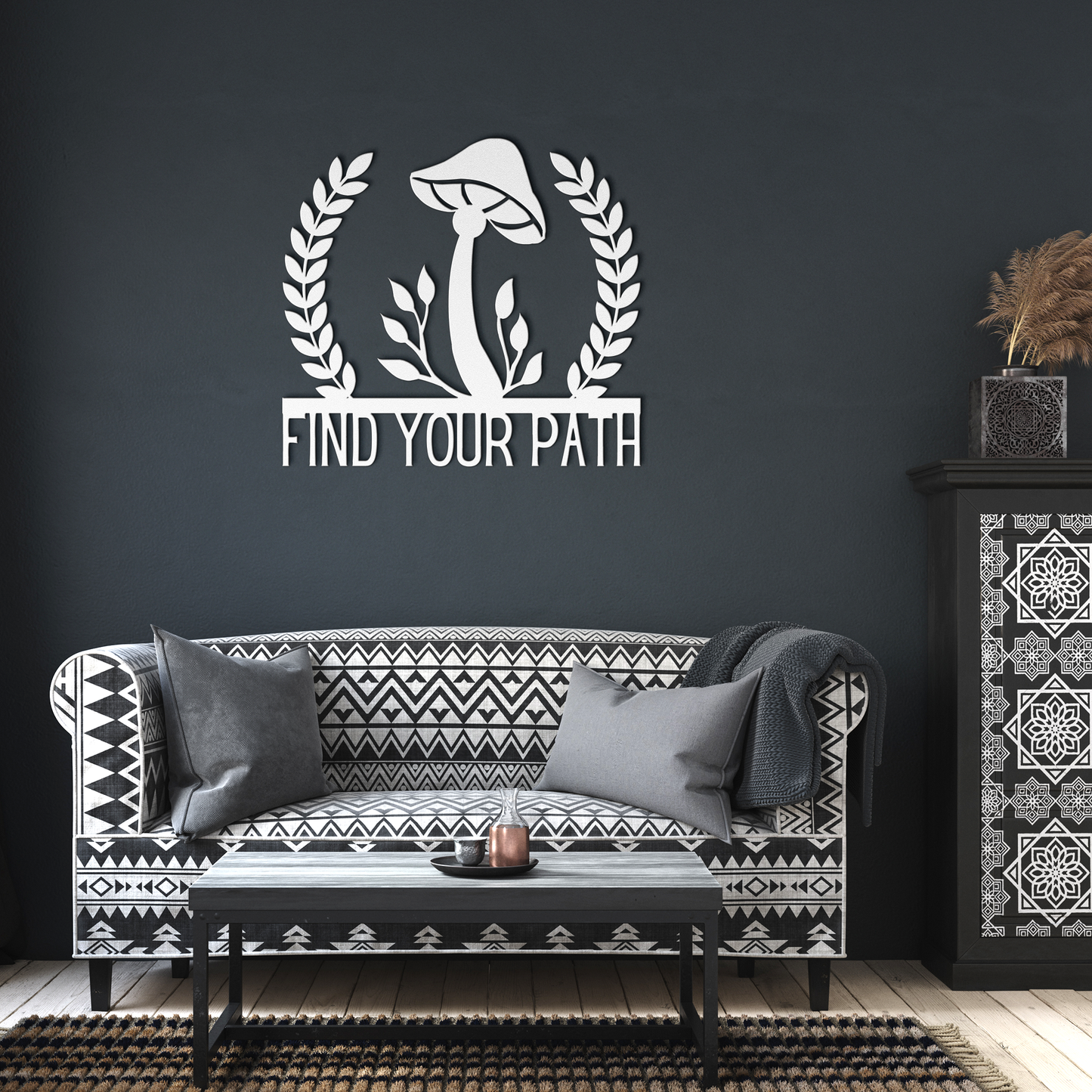 Find_Your_Path_Mushroom_Metal_Sign_White_Dark_Living_Room_Mockup.png