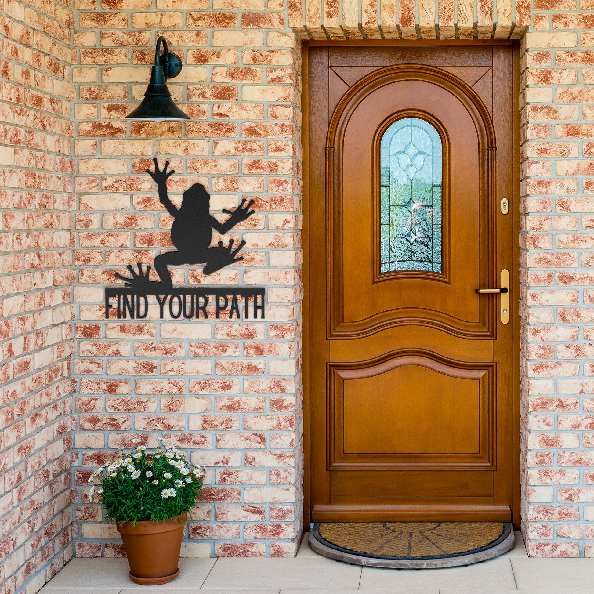 Find_Your_Path_Tree_Frog_Metal_Sign_Black_Brick_Entrance_Mockup.png