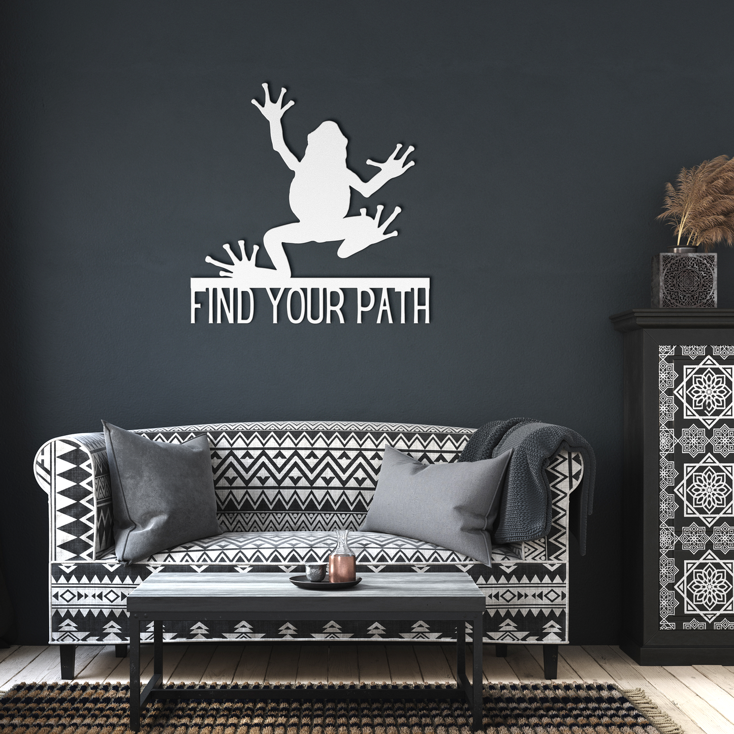 Find_Your_Path_Tree_Frog_Metal_Sign_White_Dark_Living_Room_Mockup.png