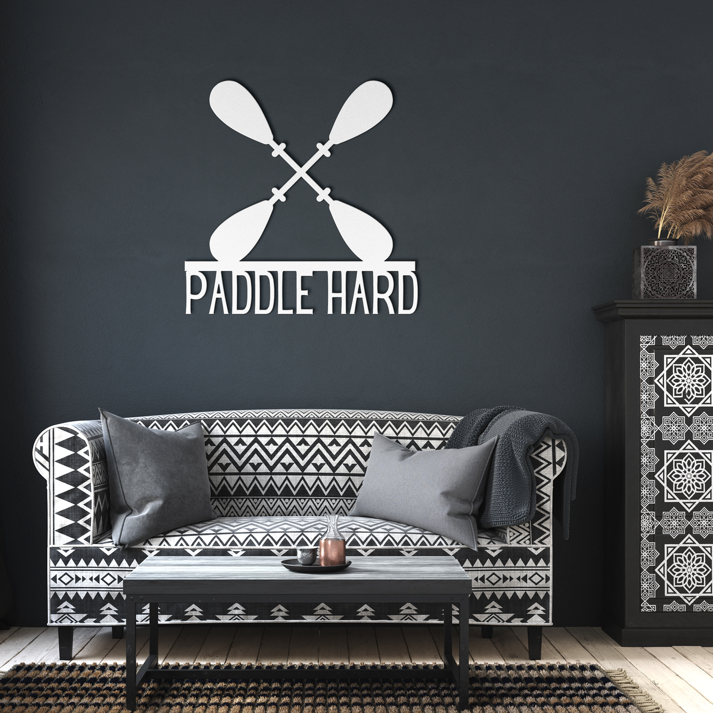 Paddle_Hard_Kayaking_Canoeing_Metal_Sign_White_Dark_Living_Room_Mockup.png