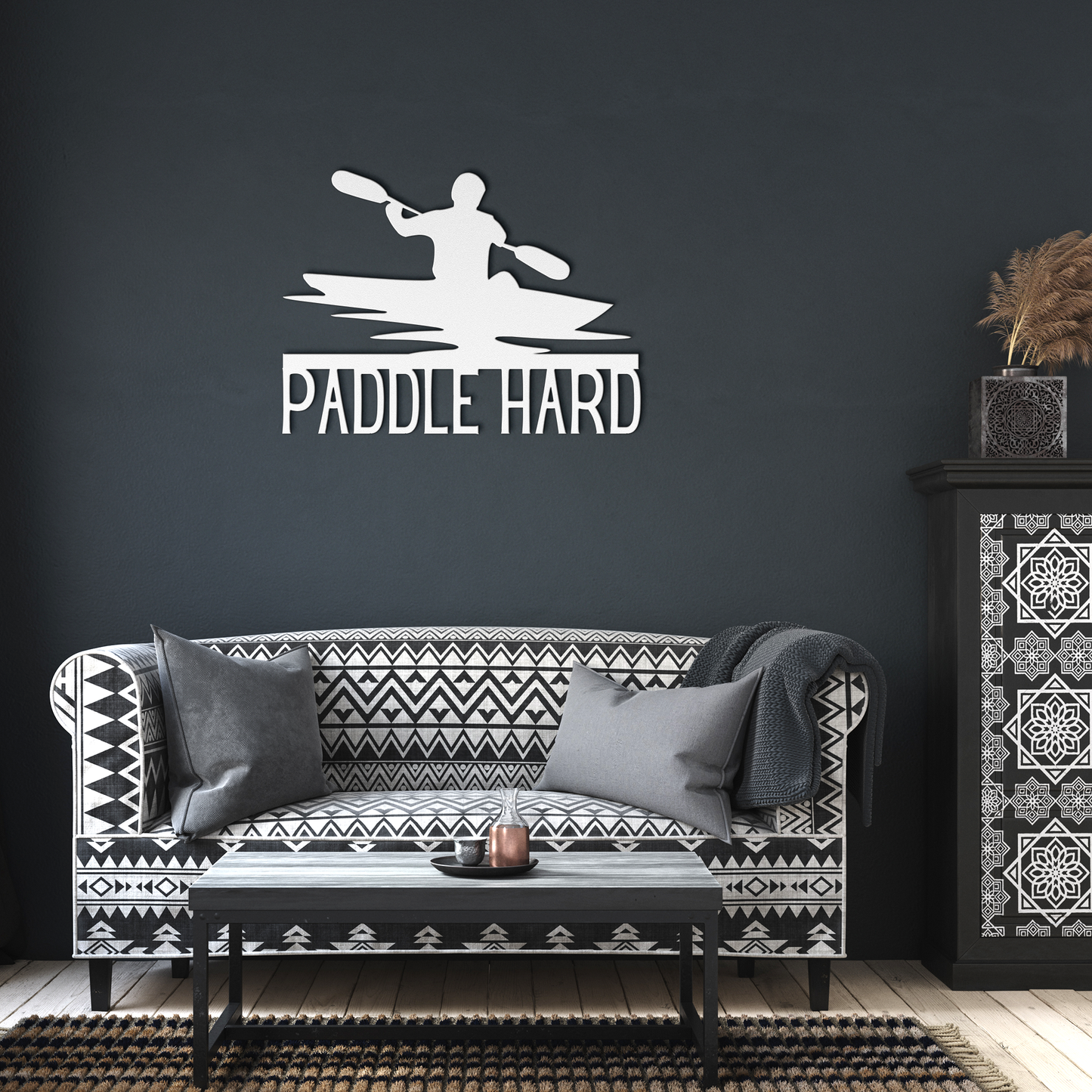 Paddle_Hard_Kayaking_Metal_Sign_White_Dark_Living_Room_Mockup.png